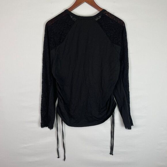 Jonathan Simkhai Long Sleeve Crew Neck Lace Side Cinched Cotton Top Black L - Picture 2 of 8